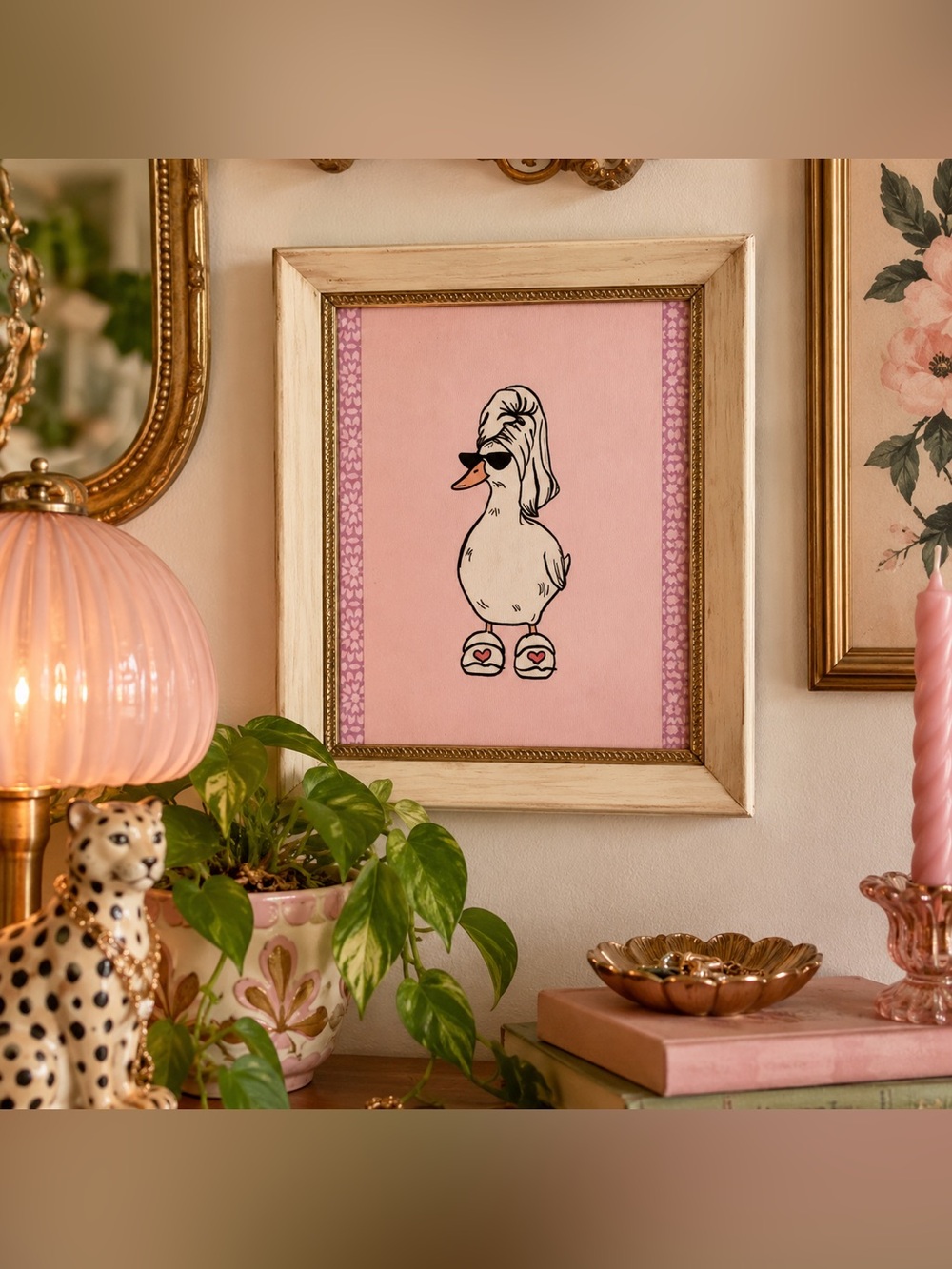 Duck in Slippers Silly Bathroom Art Canvas Print Vintage Framed Wall Art Quirky